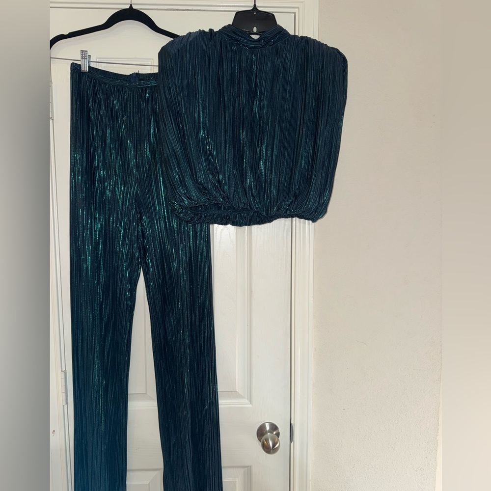 Sabina Musayev Iridescent Teal Pleated Pantsuit Set